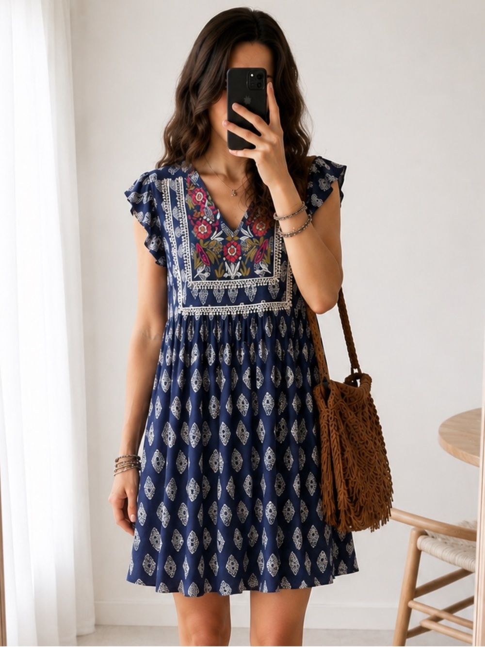THML Boho Summer Embroidered Shift Dress Blue Patterned Size S